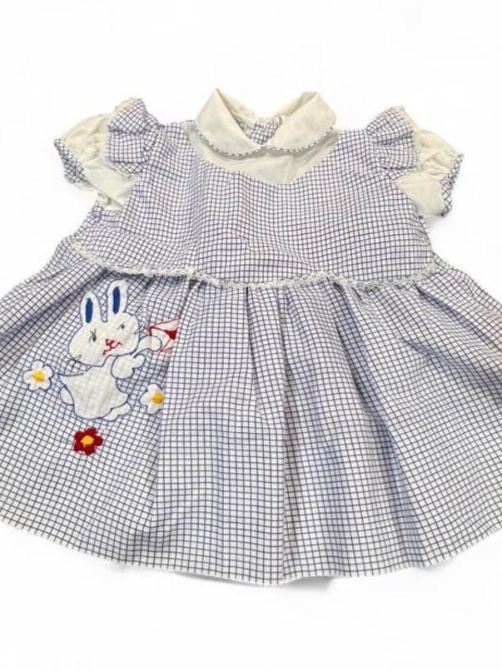 Vintage Blue Gingham Baby Dress with Bunny Applique